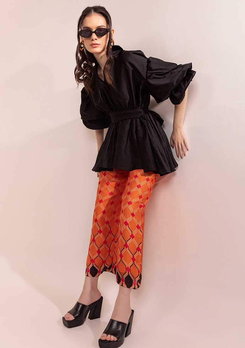 Black And Orange Embroidered Taffeta Co Ord Set - Indya
