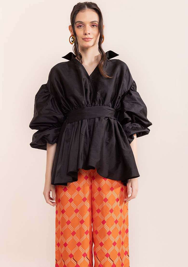 Black And Orange Embroidered Taffeta Co Ord Set - Indya
