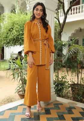 Yellow Embroidered Cotton Co Ord Set