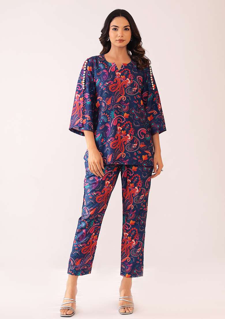 Blue And Pink Embroidered Muslin Co Ord Set - Indya