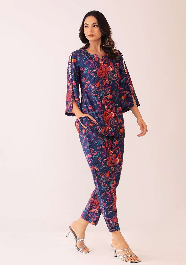 Blue And Pink Embroidered Muslin Co Ord Set - Indya