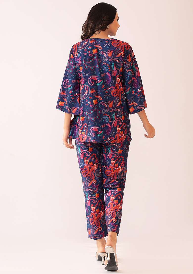 Blue And Pink Embroidered Muslin Co Ord Set - Indya