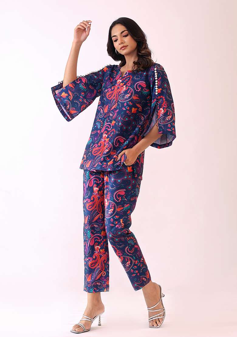 Blue And Pink Embroidered Muslin Co Ord Set - Indya