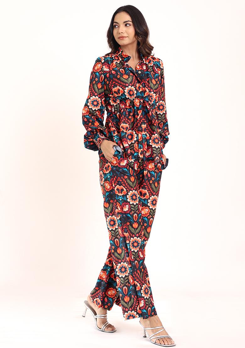 Multi Embroidered Muslin Co Ord Set - Indya