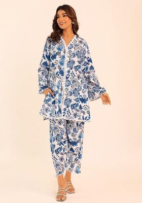 Blue And White Embroidered Muslin Co Ord Set