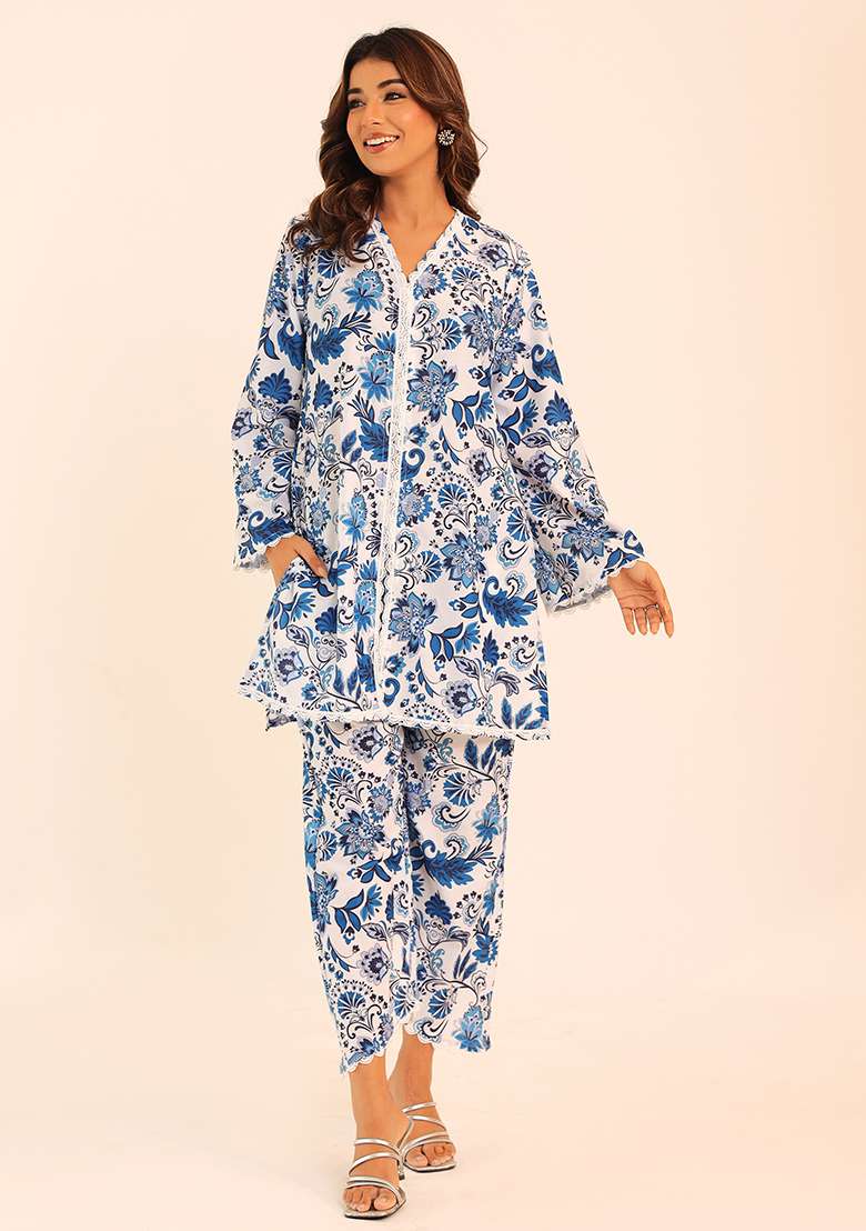 Blue And White Embroidered Muslin Co Ord Set - Indya