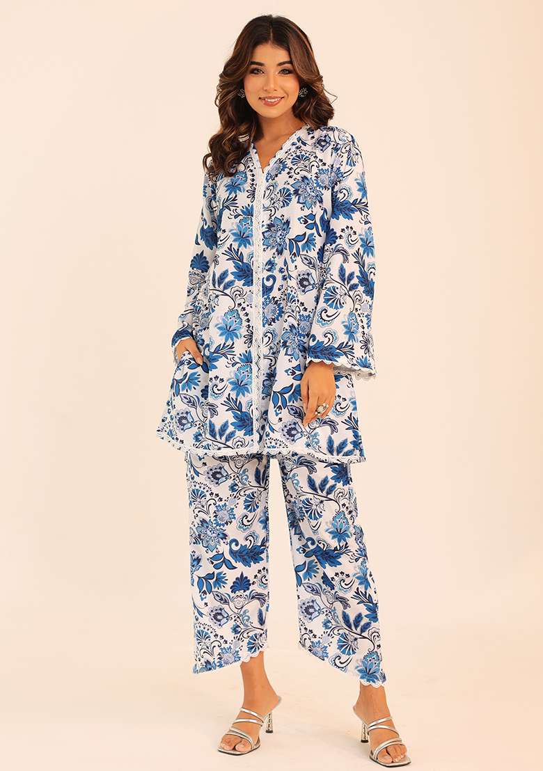 Blue And White Embroidered Muslin Co Ord Set - Indya