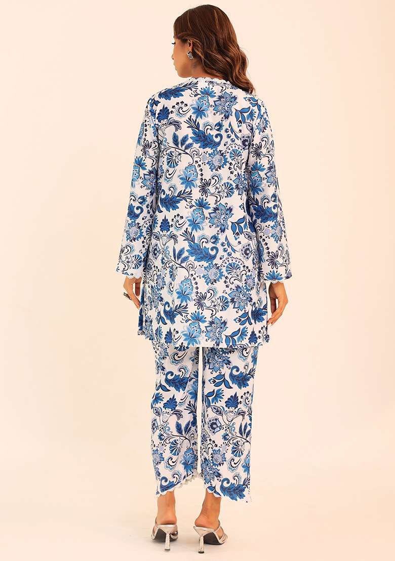Blue And White Embroidered Muslin Co Ord Set - Indya