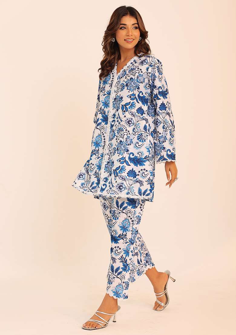 Blue And White Embroidered Muslin Co Ord Set - Indya