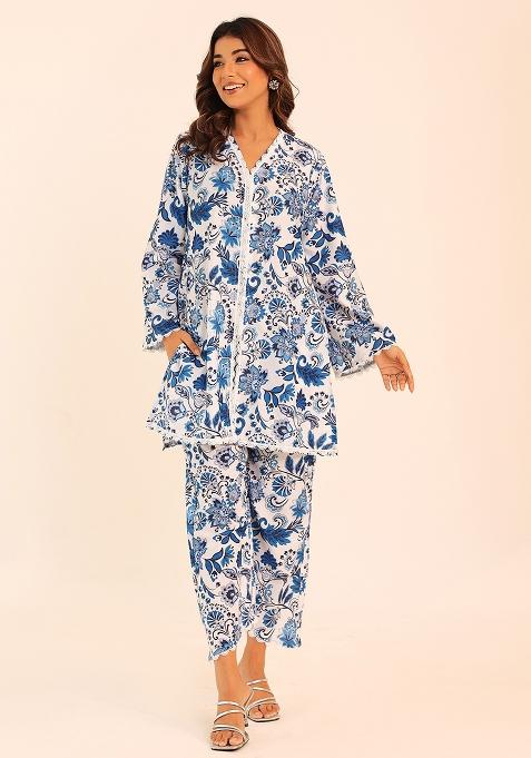Blue And White Embroidered Muslin Co Ord Set