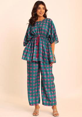 Blue And Pink Embroidered Muslin Co Ord Set