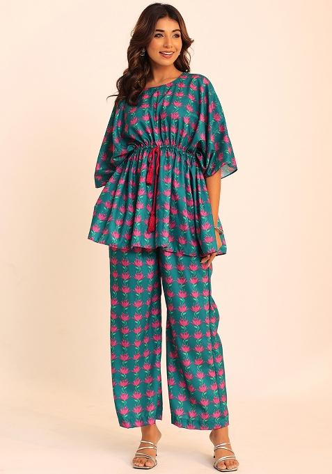 Blue And Pink Embroidered Muslin Co Ord Set