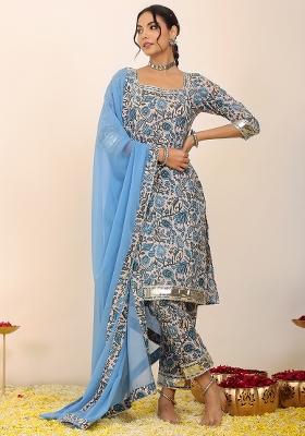 Sky Blue And White Embroidered Cotton Salwar Kameez With Dupatta