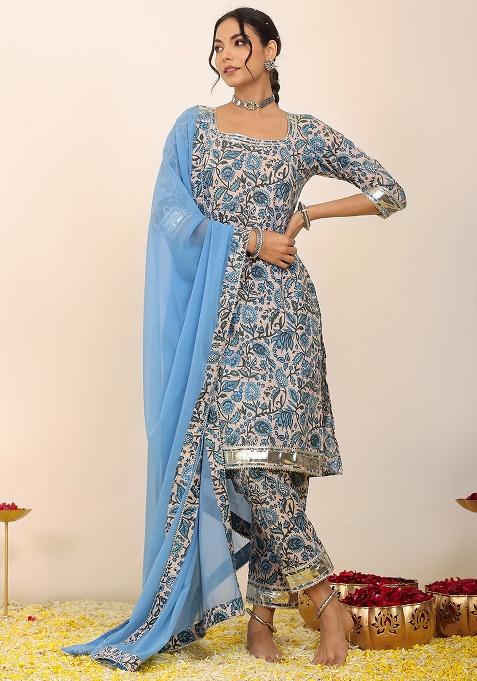 Sky Blue And White Embroidered Cotton Salwar Kameez With Dupatta