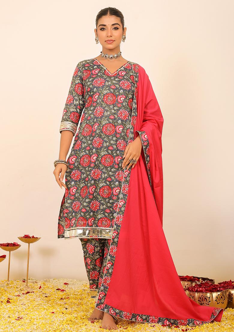 Multi Embroidered Cotton Salwar Kameez With Dupatta