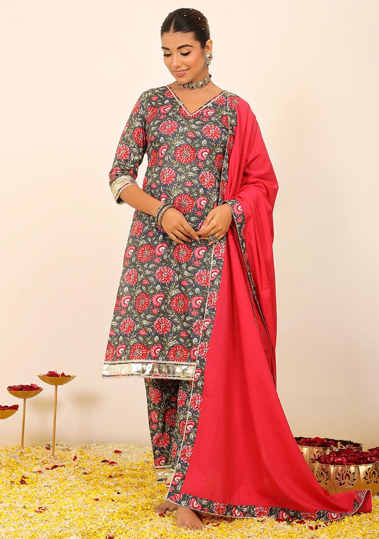 Multi Embroidered Cotton Salwar Kameez With Dupatta