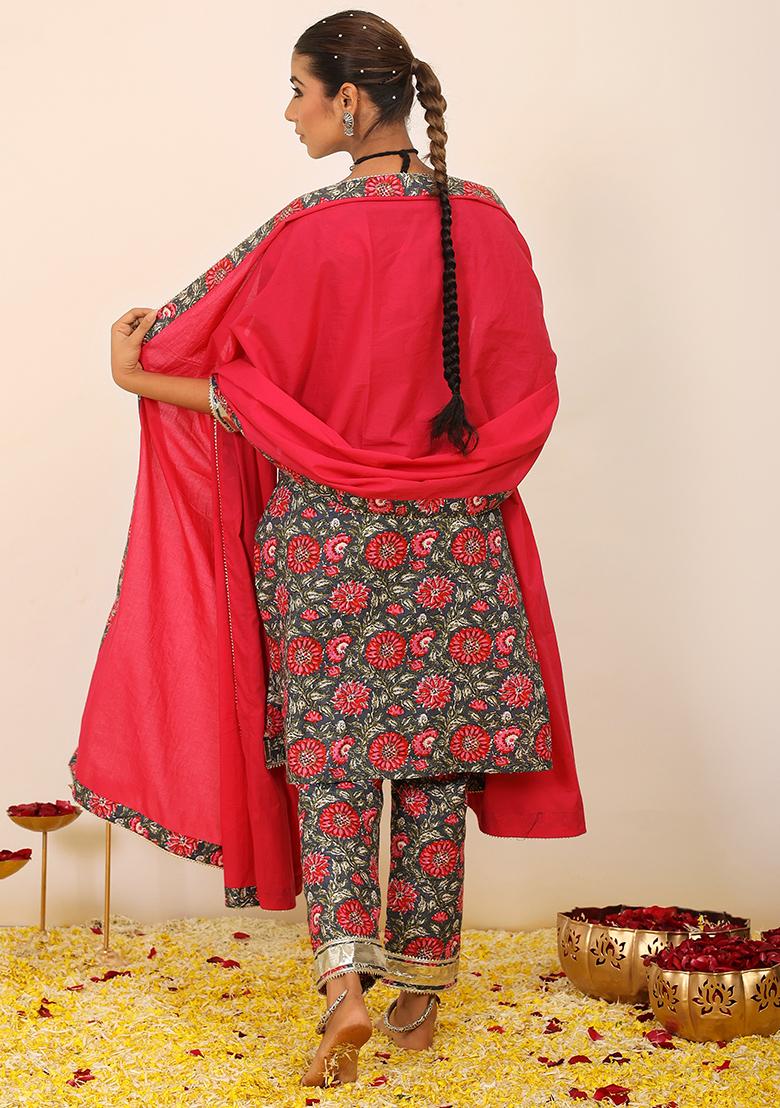 Multi Embroidered Cotton Salwar Kameez With Dupatta