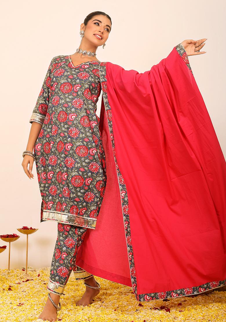 Multi Embroidered Cotton Salwar Kameez With Dupatta