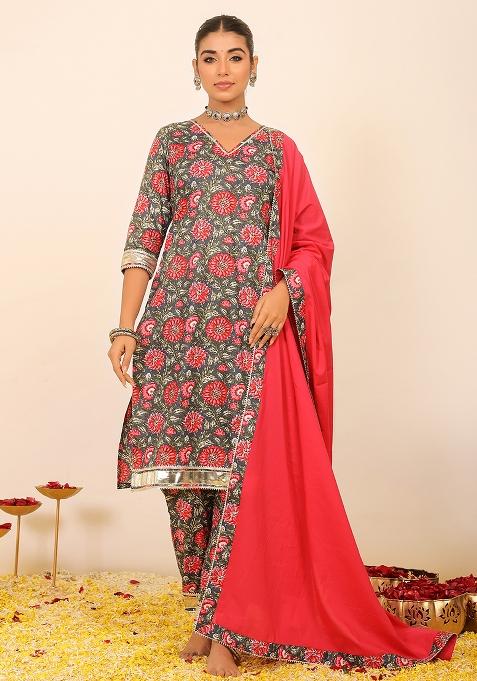 Multi Embroidered Cotton Salwar Kameez With Dupatta