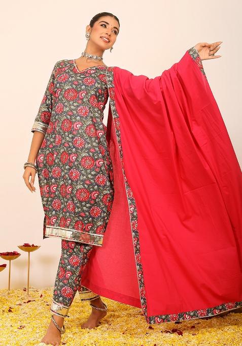 Multi Embroidered Cotton Salwar Kameez With Dupatta