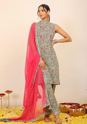 Multi Embroidered Cotton Salwar Kameez With Dupatta