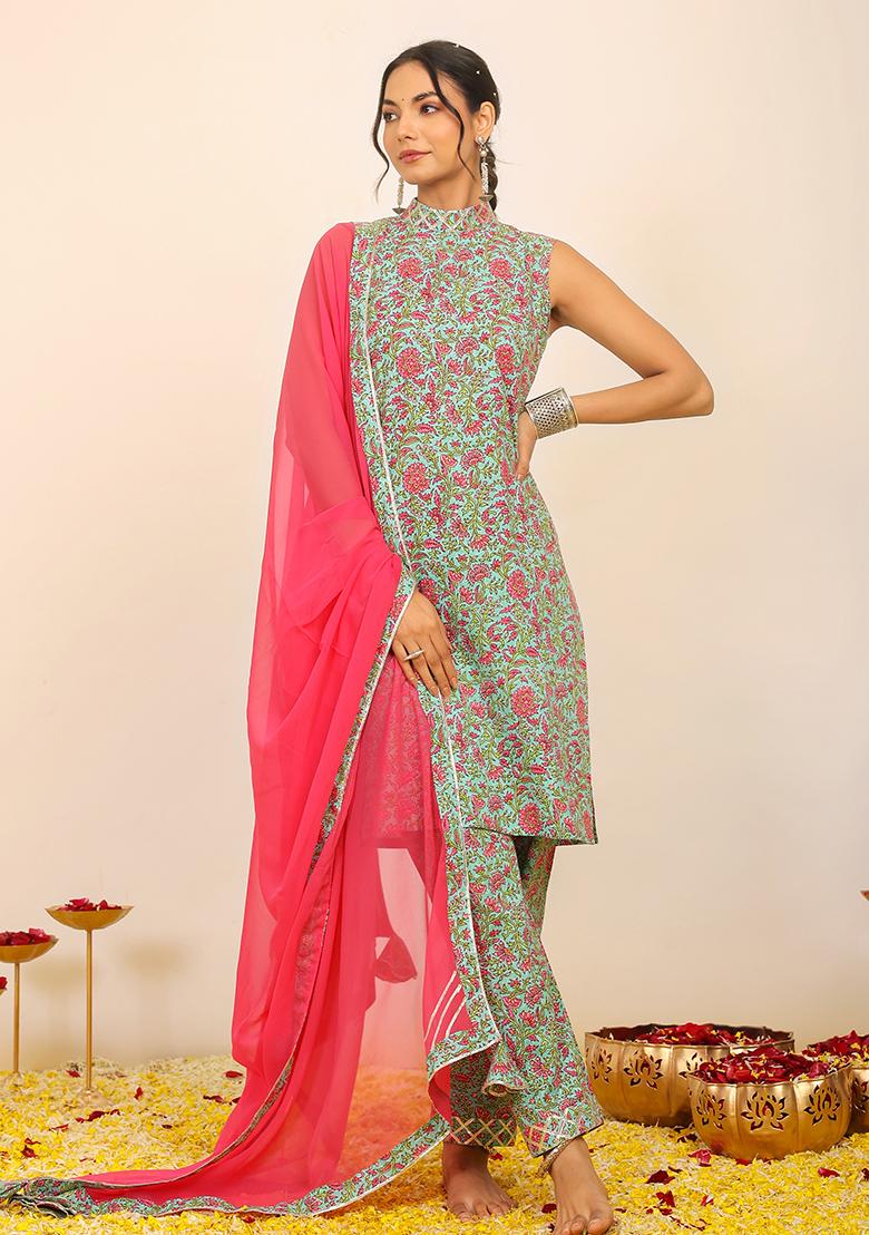 Multi Embroidered Cotton Salwar Kameez With Dupatta