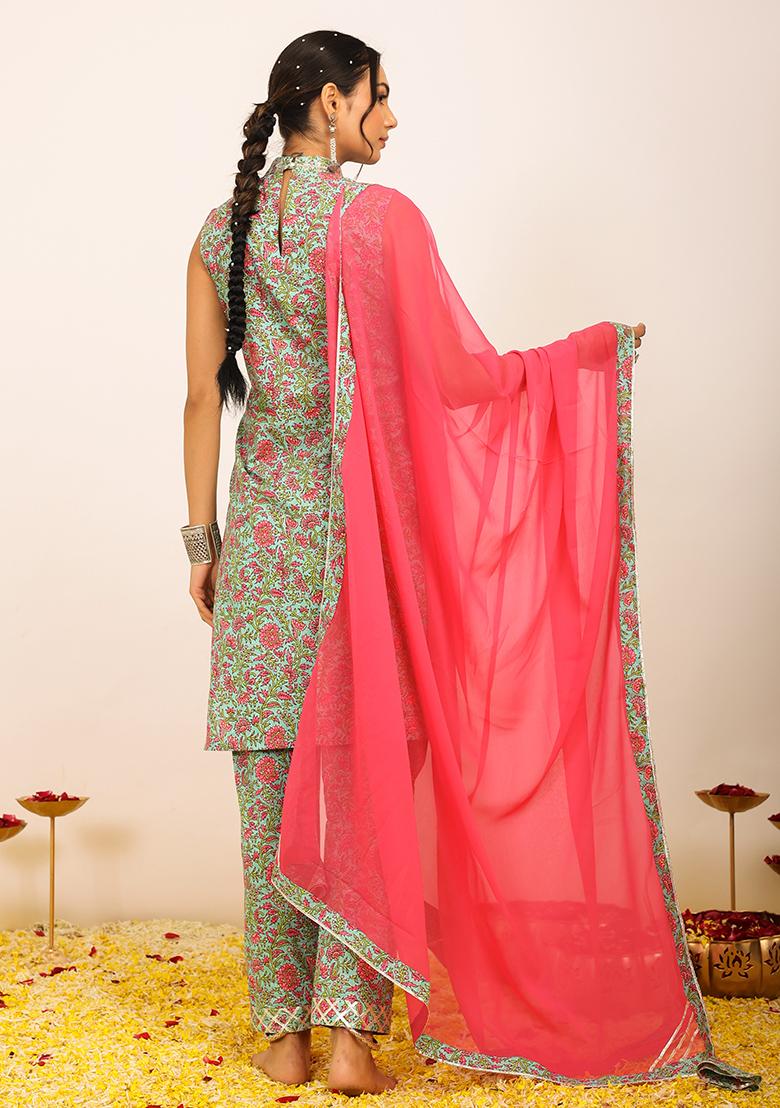 Multi Embroidered Cotton Salwar Kameez With Dupatta