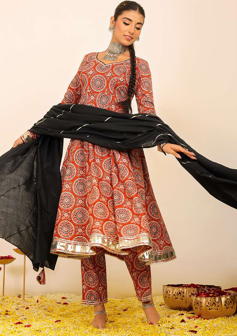 Multi Color Embroidered Cotton Anarkali With Dupatta With Dupatta - Indya