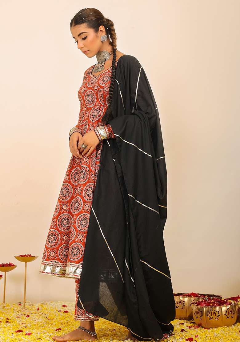 Multi Color Embroidered Cotton Anarkali With Dupatta With Dupatta - Indya