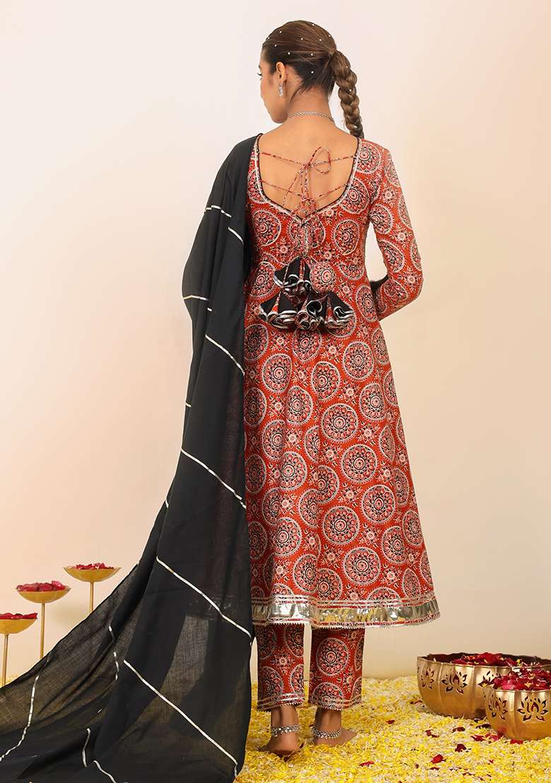 Multi Color Embroidered Cotton Anarkali With Dupatta With Dupatta - Indya