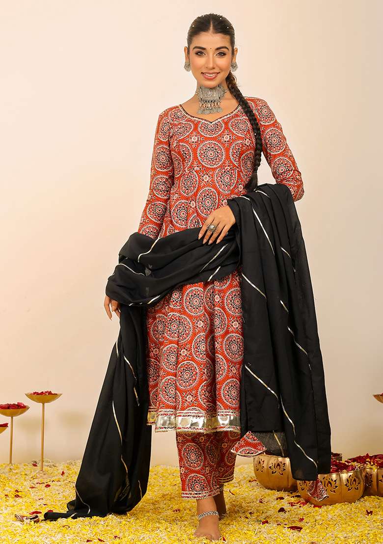 Multi Color Embroidered Cotton Anarkali With Dupatta With Dupatta - Indya