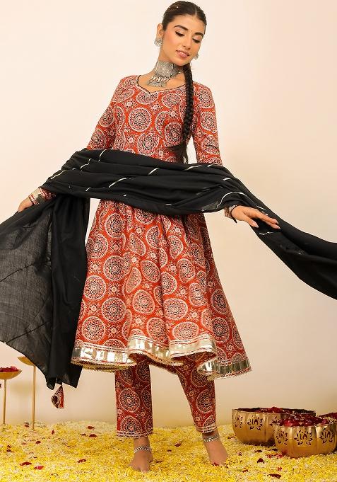 Multi Color Embroidered Cotton Anarkali Kurta Set With Dupatta