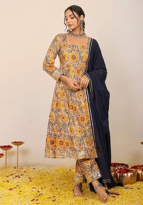 Multi Color Embroidered Cotton Anarkali Kurta Set With Dupatta