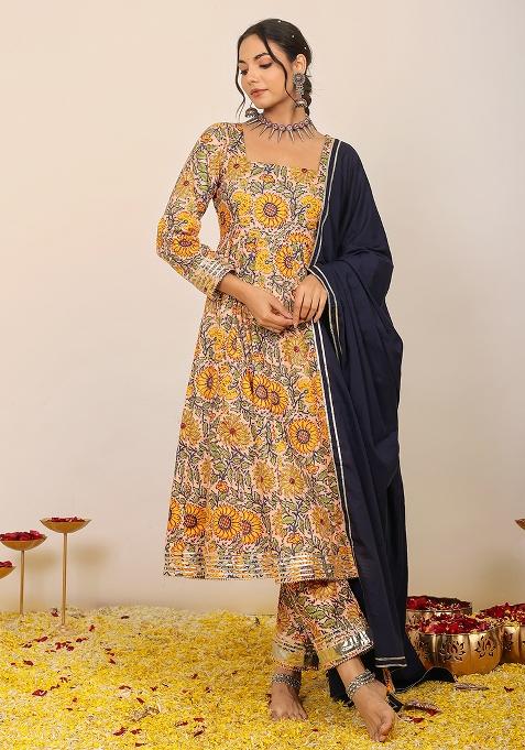 Multi Color Embroidered Cotton Anarkali Kurta Set With Dupatta