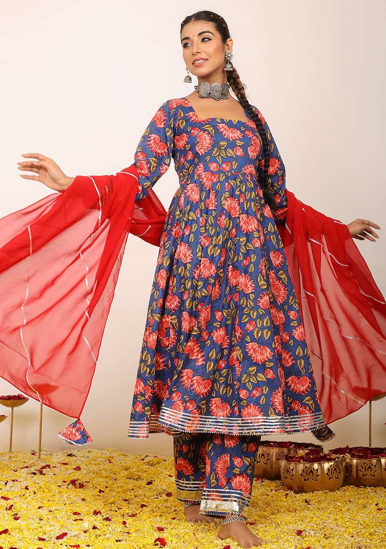 Multi Embroidered Cotton Anarkali Kurta Set With Dupatta - Indya