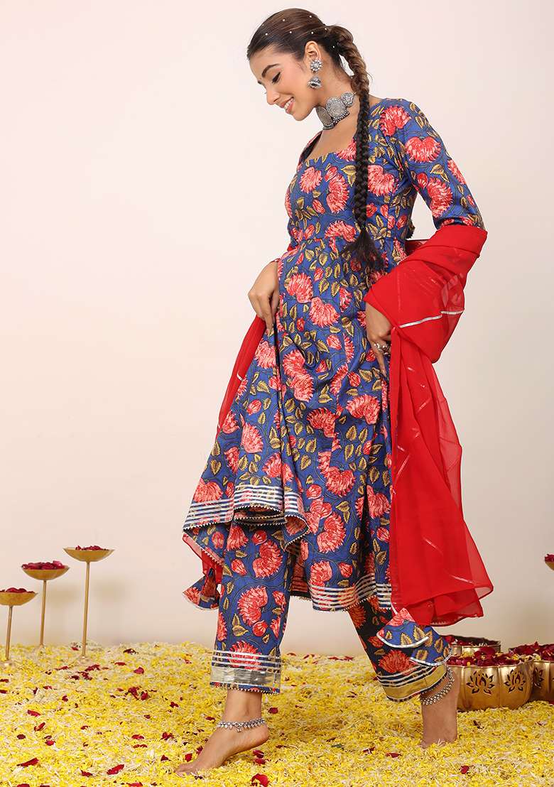 Multi Embroidered Cotton Anarkali Kurta Set With Dupatta - Indya