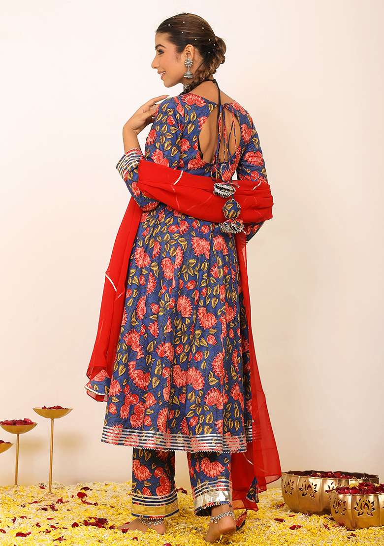 Multi Embroidered Cotton Anarkali Kurta Set With Dupatta - Indya