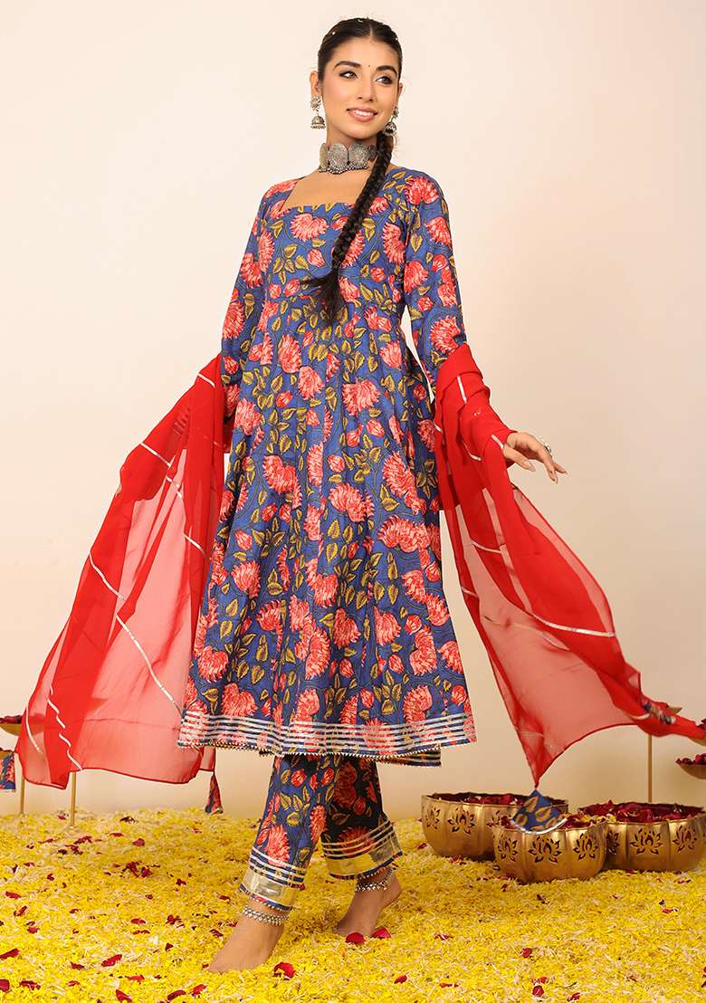 Multi Embroidered Cotton Anarkali Kurta Set With Dupatta - Indya