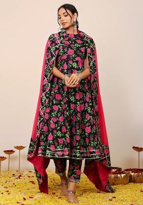 Multi Embroidered Cotton Anarkali Kurta Set With Dupatta