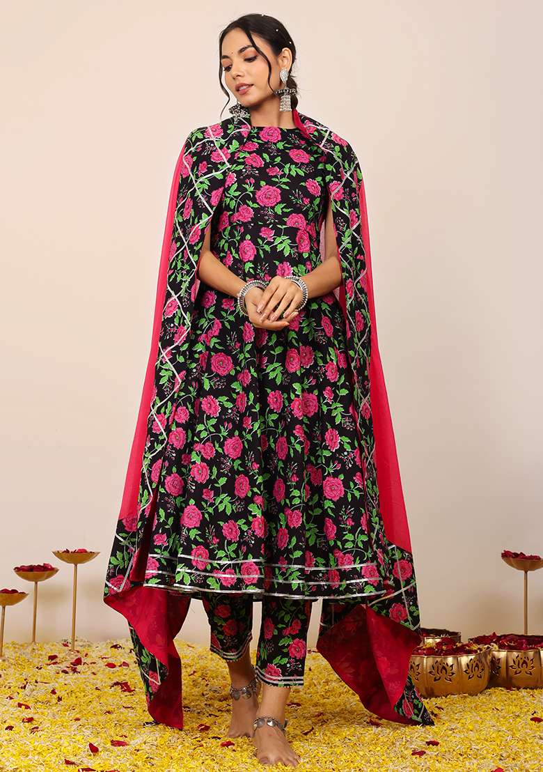 Multi Embroidered Cotton Anarkali Kurta Set With Dupatta - Indya