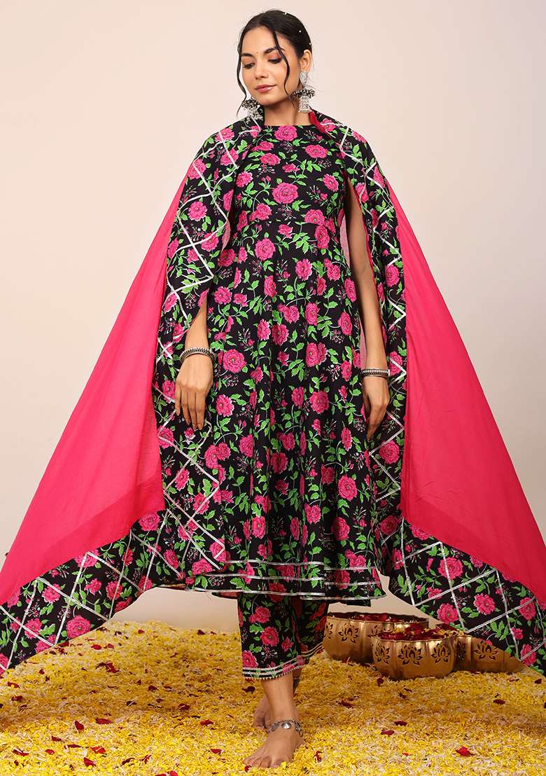 Multi Embroidered Cotton Anarkali Kurta Set With Dupatta - Indya
