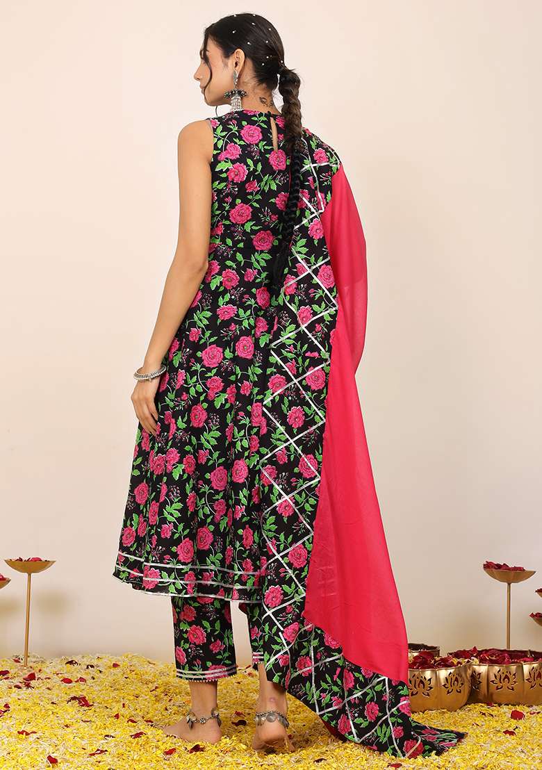Multi Embroidered Cotton Anarkali Kurta Set With Dupatta - Indya