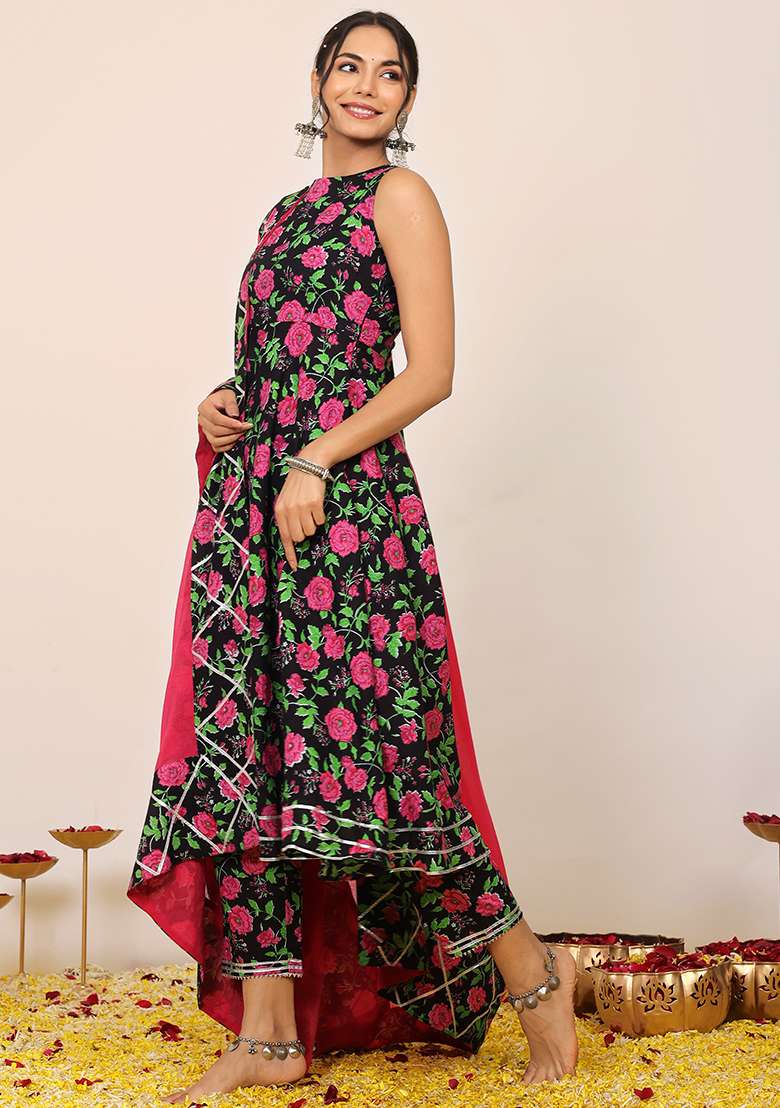Multi Embroidered Cotton Anarkali Kurta Set With Dupatta - Indya