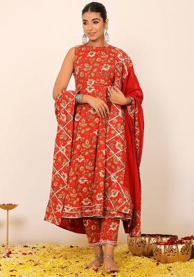 Multi Embroidered Cotton Anarkali Kurta Set With Dupatta