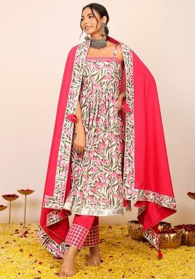 Multi Embroidered Cotton Anarkali Kurta Set With Dupatta