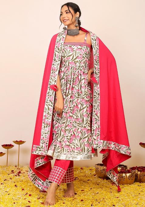Multi Embroidered Cotton Anarkali Kurta Set With Dupatta