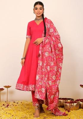 Rani Pink Embroidered Cotton Anarkali Kurta Set With Dupatta