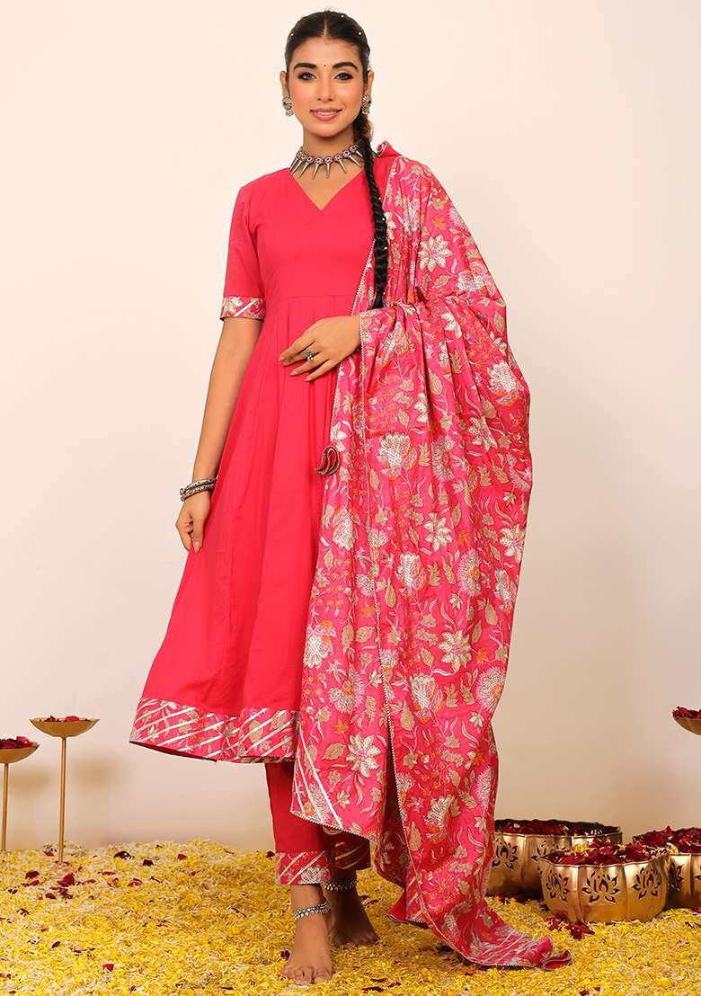 Rani Pink Embroidered Cotton Anarkali Kurta Set With Dupatta - Indya