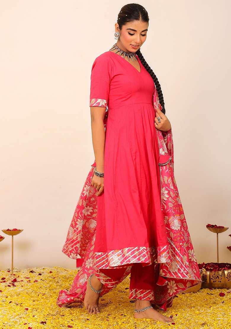 Rani Pink Embroidered Cotton Anarkali Kurta Set With Dupatta - Indya
