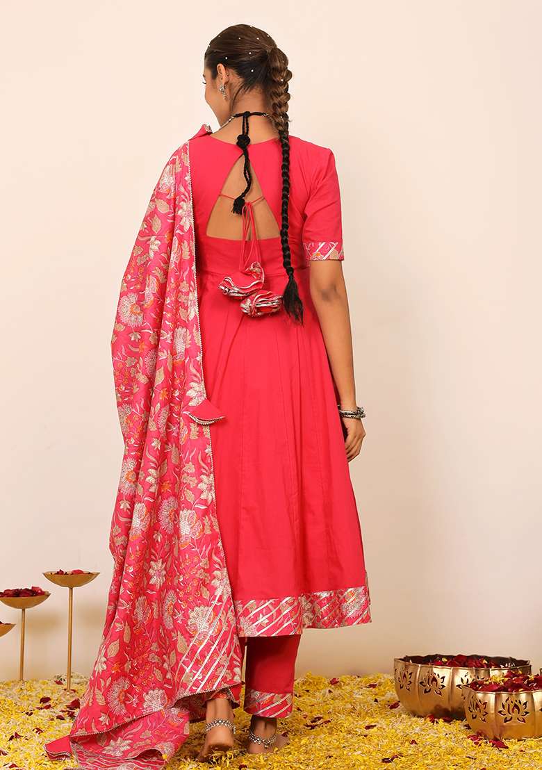 Rani Pink Embroidered Cotton Anarkali Kurta Set With Dupatta - Indya